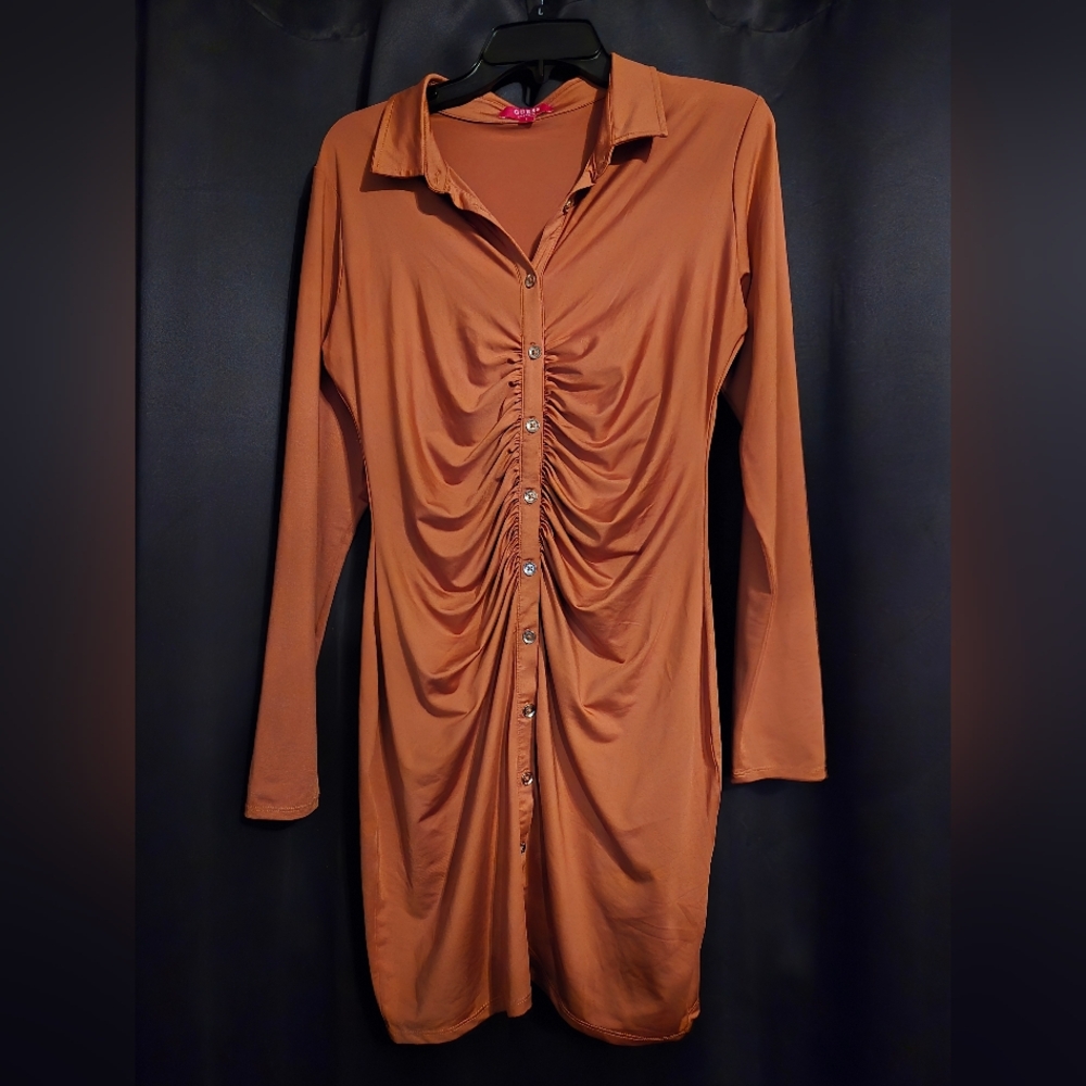 GUESS Los Angeles Ruched Button Front Shirt Dress | Size L | Brown Bodycon
